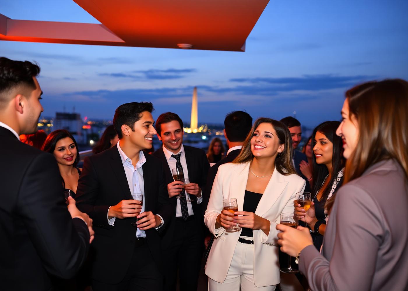 Guests networking at a rooftop mixer in Washington, DC